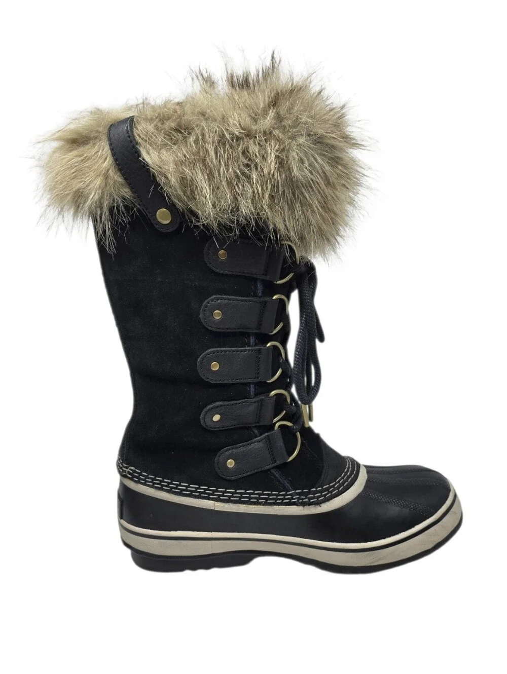 Sorel Joan Of Arctic Winter Boots Faux Fur Trim Lining Black & Tan Women's 8